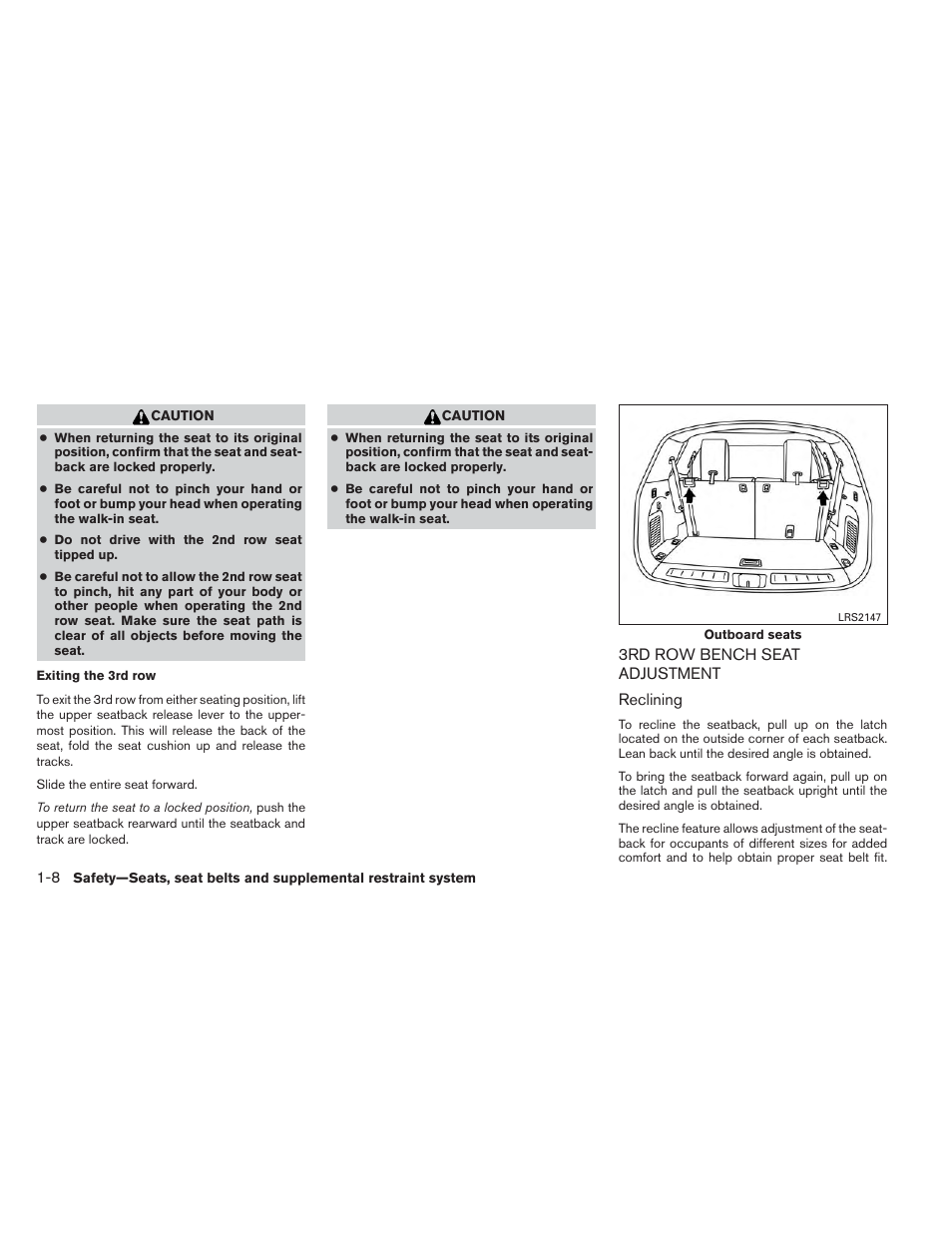 3rd row bench seat adjustment -8 | NISSAN 2013 Pathfinder - Owner's Manual User Manual | Page 25 / 506