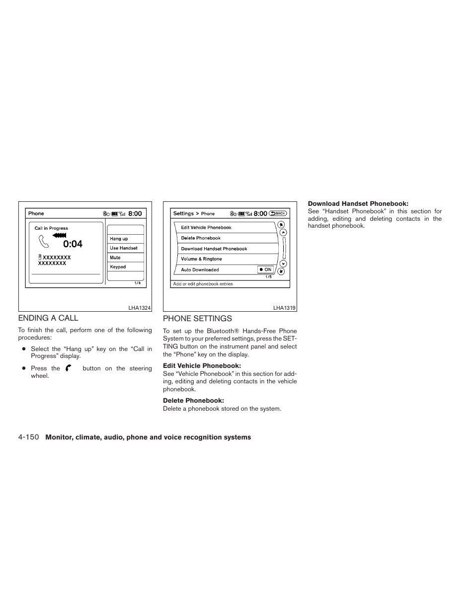 Ending a call -150 phone settings -150 | NISSAN 2013 Pathfinder - Owner's Manual User Manual | Page 341 / 506