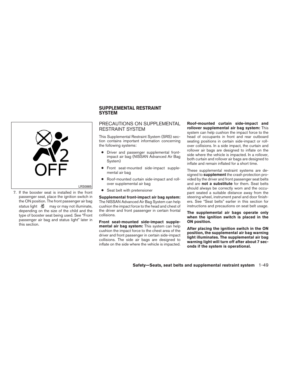 Supplemental restraint system -49, Precautions on supplemental restraint system -49 | NISSAN 2013 Pathfinder - Owner's Manual User Manual | Page 66 / 506