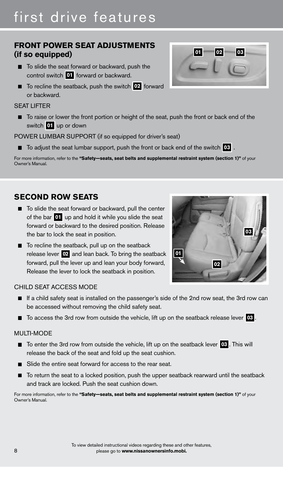 First drive features, Second row seats, Front power seat adjustments (if so equipped) | NISSAN 2013 Pathfinder - Quick Reference Guide User Manual | Page 10 / 28