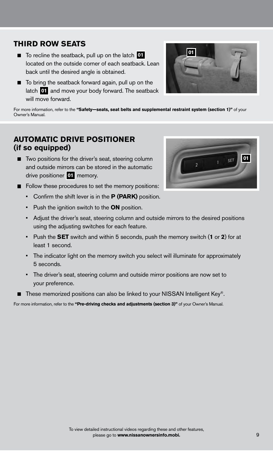 Third row seats, Automatic drive positioner (if so equipped) | NISSAN 2013 Pathfinder - Quick Reference Guide User Manual | Page 11 / 28
