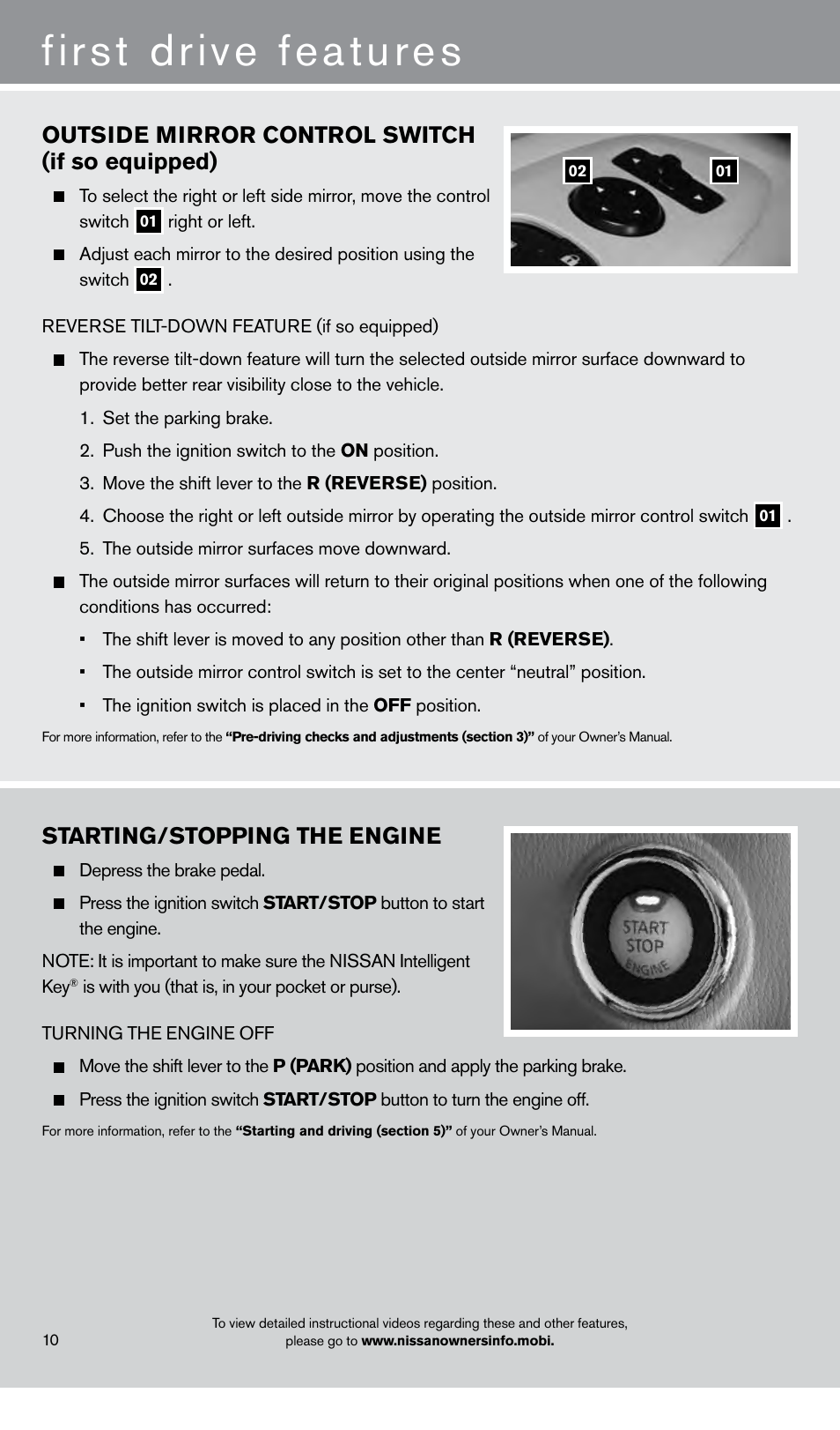First drive features, Starting/stopping the engine, Outside mirror control switch (if so equipped) | NISSAN 2013 Pathfinder - Quick Reference Guide User Manual | Page 12 / 28