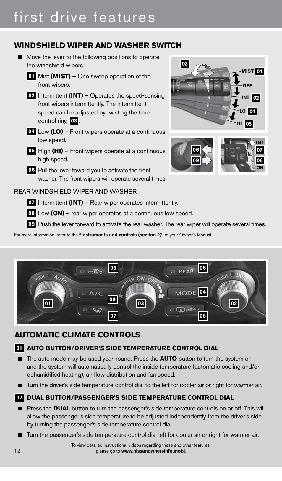 First drive features, Windshield wiper and washer switch, Automatic climate controls | NISSAN 2013 Pathfinder - Quick Reference Guide User Manual | Page 14 / 28