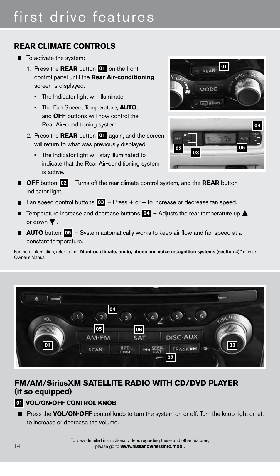 First drive features, Rear climate controls | NISSAN 2013 Pathfinder - Quick Reference Guide User Manual | Page 16 / 28