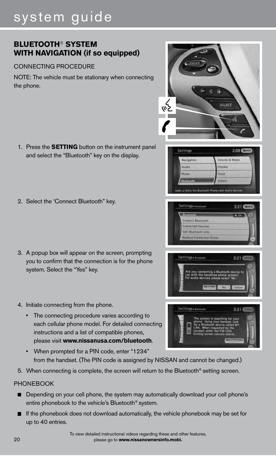 System guide, Bluetooth, System with navigation (if so equipped) | NISSAN 2013 Pathfinder - Quick Reference Guide User Manual | Page 22 / 28