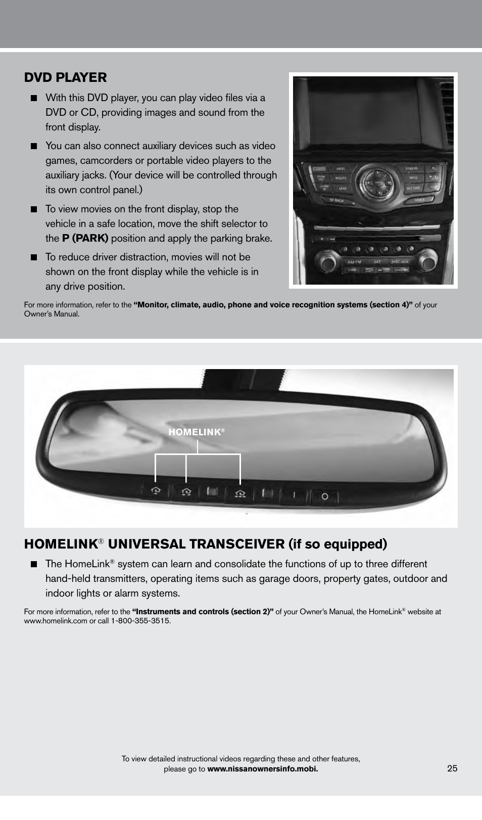 System guide, Homelink, Universal transceiver (if so equipped) | Dvd player | NISSAN 2013 Pathfinder - Quick Reference Guide User Manual | Page 27 / 28