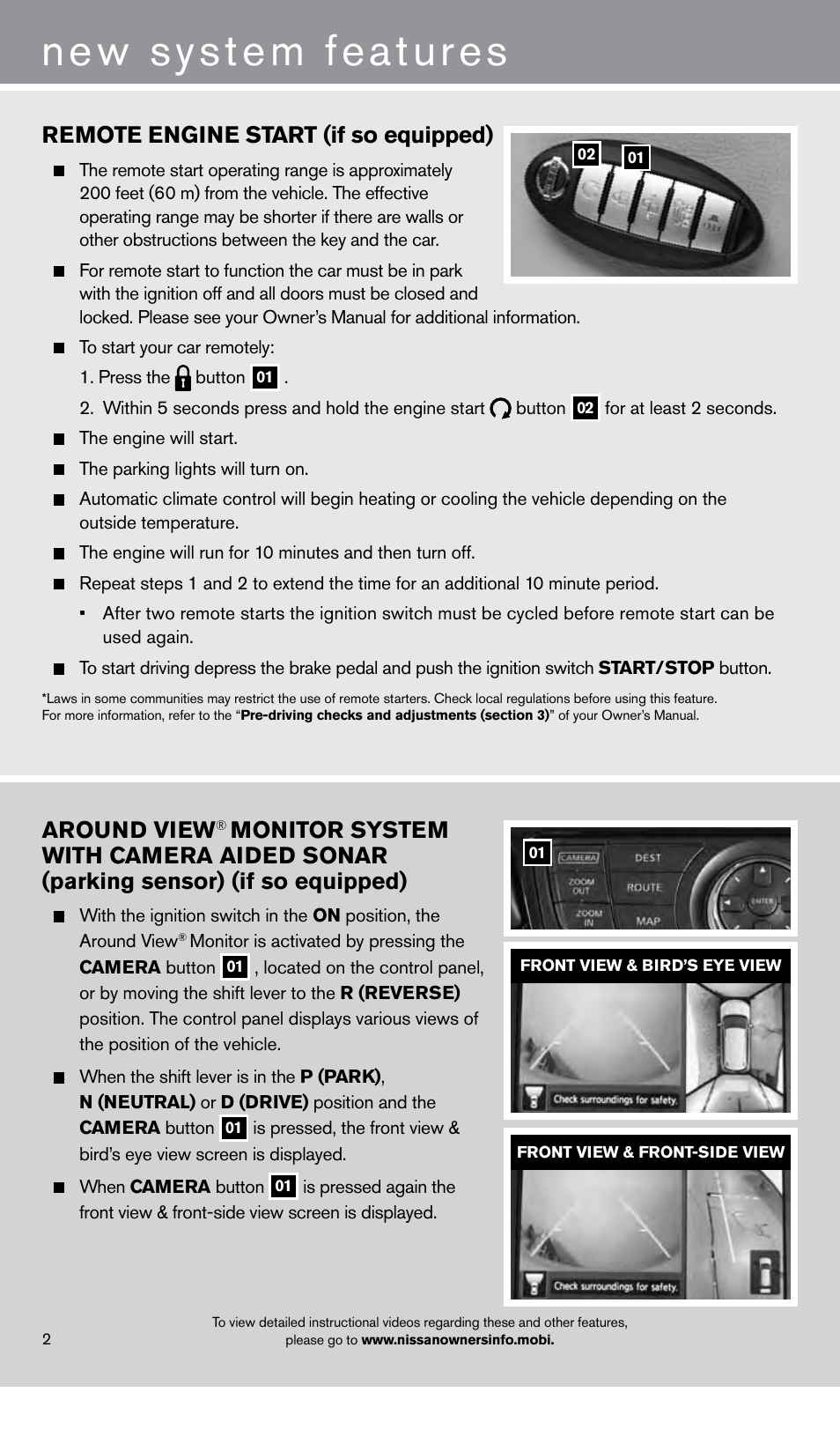 New system features, Remote engine start (if so equipped), Around view | NISSAN 2013 Pathfinder - Quick Reference Guide User Manual | Page 4 / 28