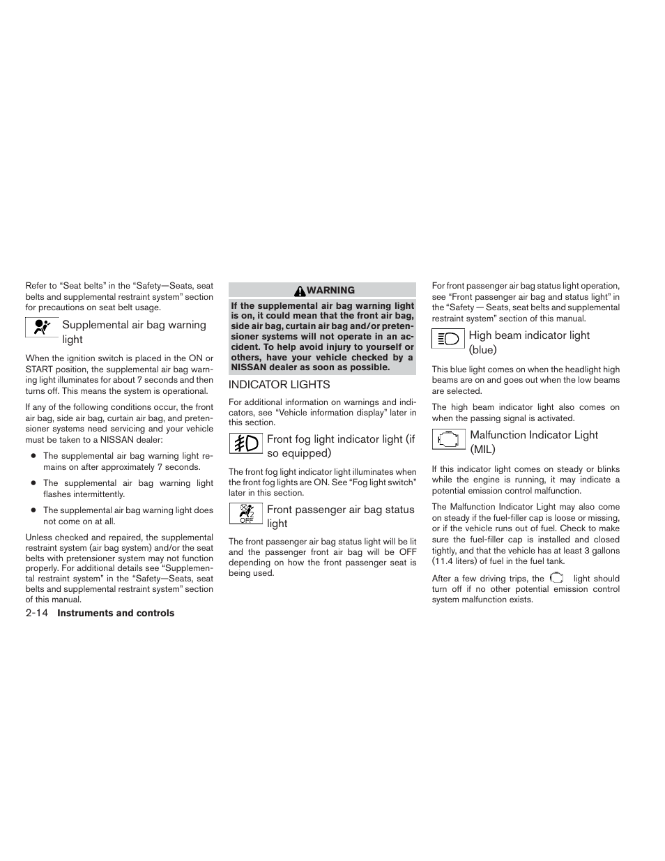 Indicator lights -14 | NISSAN 2014 Pathfinder - Owner's Manual User Manual | Page 101 / 492