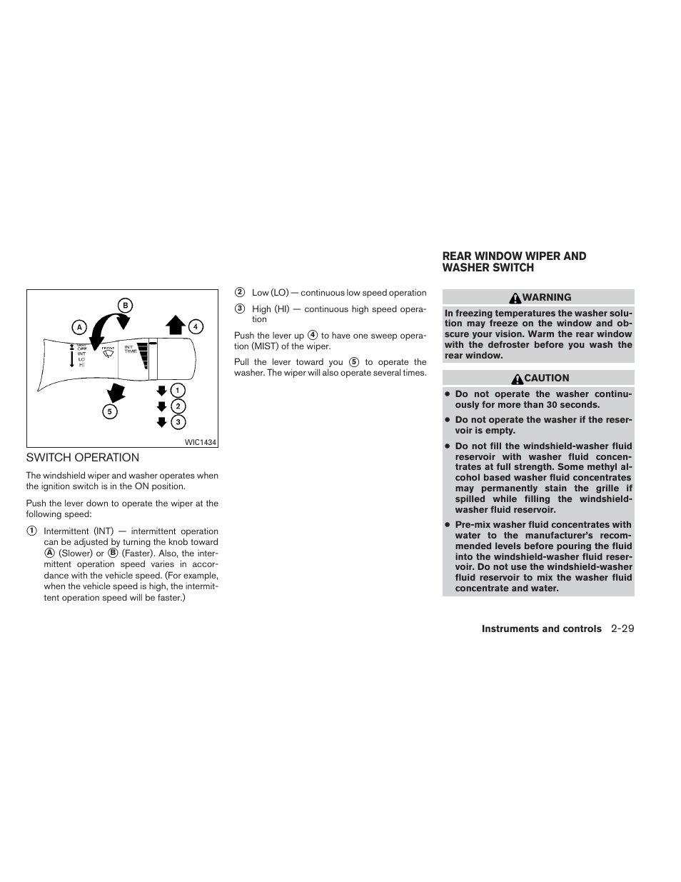 Switch operation -29, Rear window wiper and washer switch -29 | NISSAN 2014 Pathfinder - Owner's Manual User Manual | Page 116 / 492