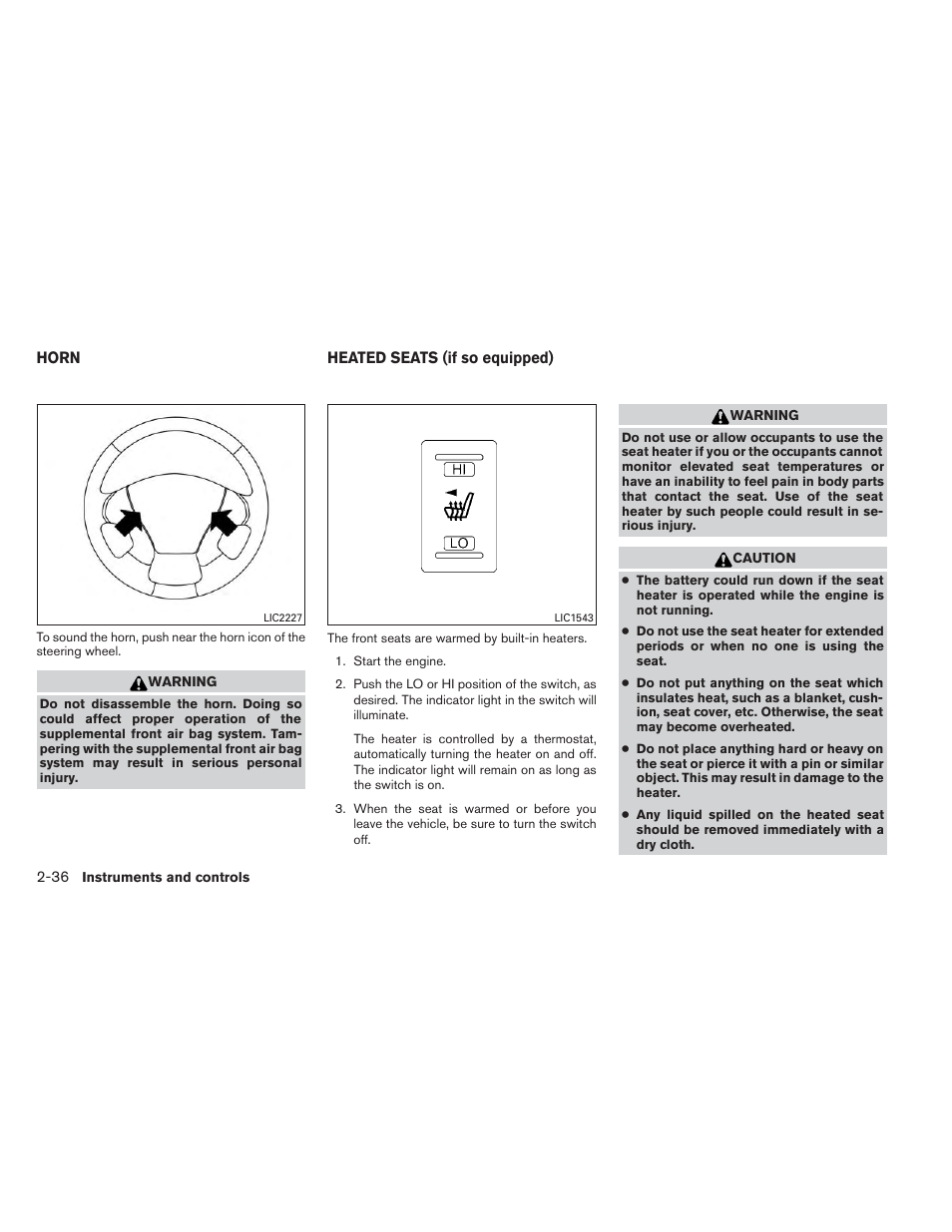 Horn -36 heated seats (if so equipped) -36 | NISSAN 2014 Pathfinder - Owner's Manual User Manual | Page 123 / 492