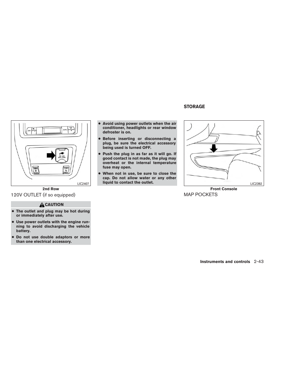 120v outlet (if so equipped) -43, Storage -43, Map pockets -43 | NISSAN 2014 Pathfinder - Owner's Manual User Manual | Page 130 / 492