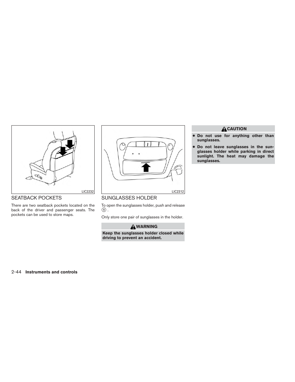 Seatback pockets -44 sunglasses holder -44 | NISSAN 2014 Pathfinder - Owner's Manual User Manual | Page 131 / 492