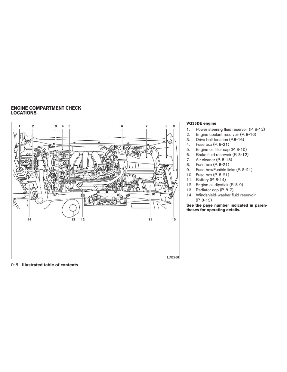 Engine compartment check locations -8 | NISSAN 2014 Pathfinder - Owner's Manual User Manual | Page 15 / 492