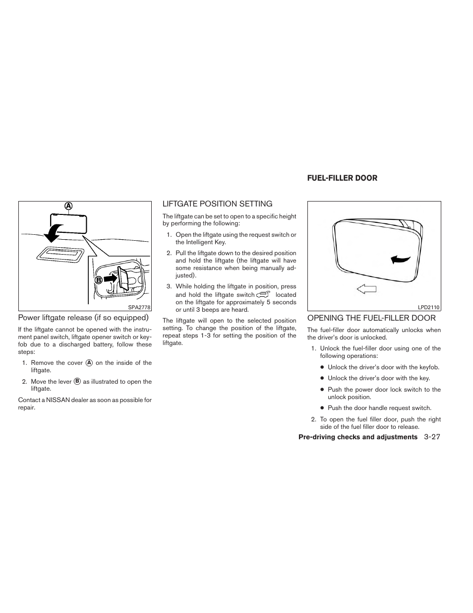 Liftgate position setting -27, Fuel-filler door -27, Opening the fuel-filler door -27 | NISSAN 2014 Pathfinder - Owner's Manual User Manual | Page 178 / 492