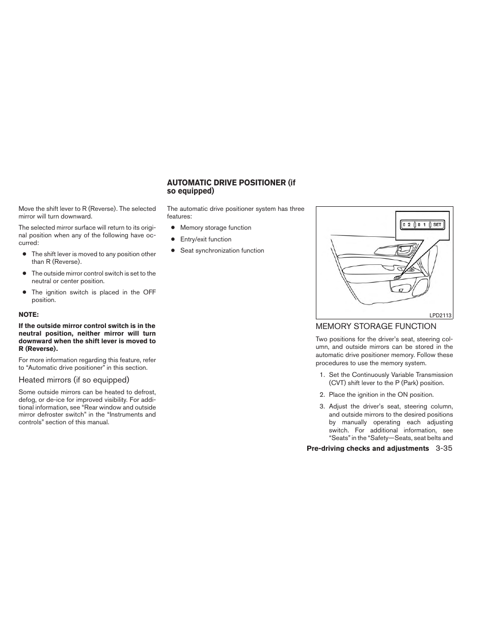 Automatic drive positioner (if so equipped) -35, Memory storage function -35 | NISSAN 2014 Pathfinder - Owner's Manual User Manual | Page 186 / 492