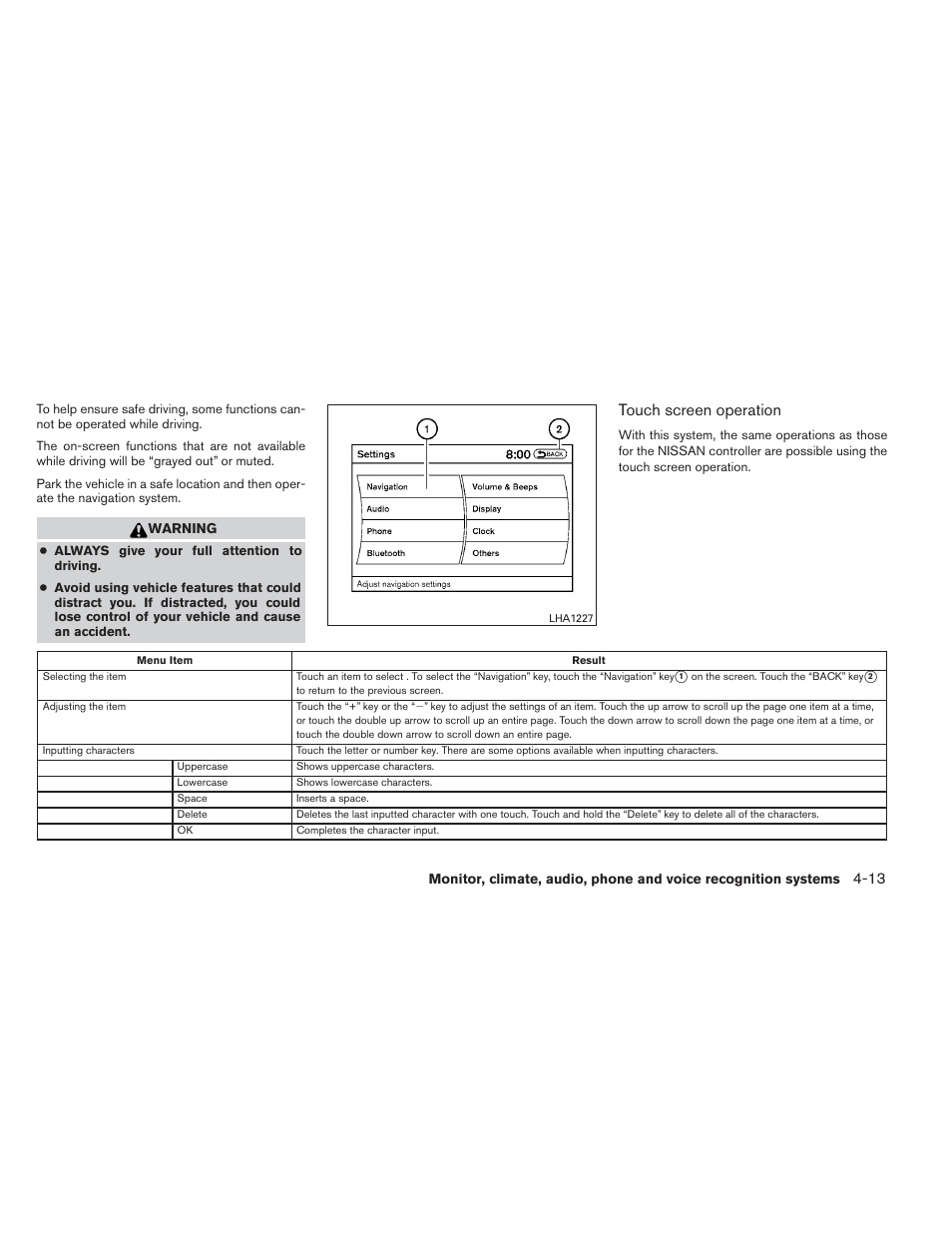 Touch screen operation | NISSAN 2014 Pathfinder - Owner's Manual User Manual | Page 204 / 492