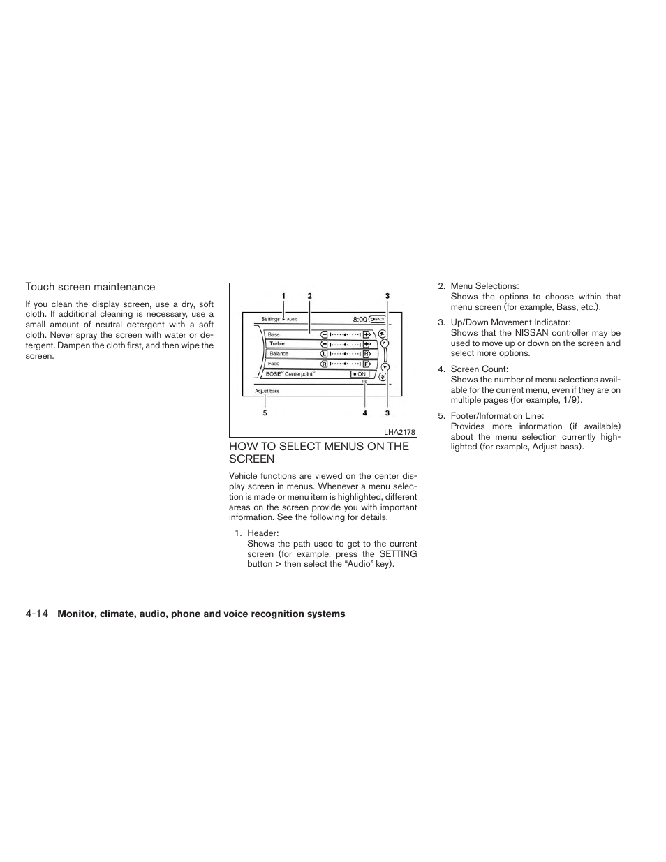 How to select menus on the screen -14 | NISSAN 2014 Pathfinder - Owner's Manual User Manual | Page 205 / 492