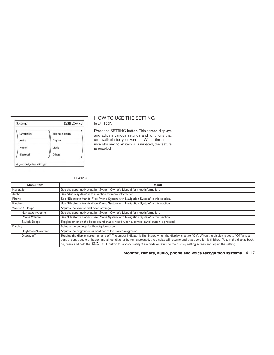 How to use the setting button -17, How to use the setting button | NISSAN 2014 Pathfinder - Owner's Manual User Manual | Page 208 / 492