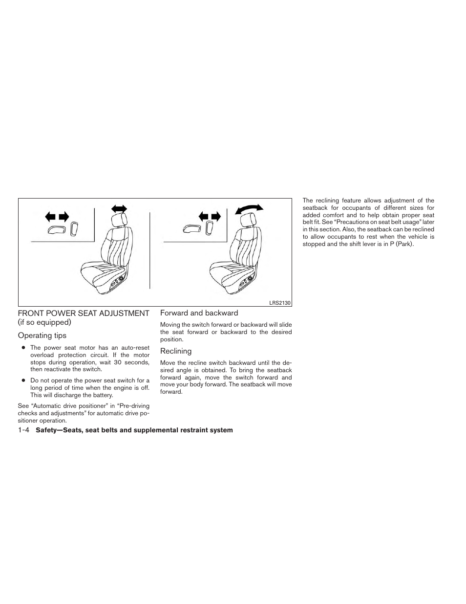 Front power seat adjustment (if so equipped) -4 | NISSAN 2014 Pathfinder - Owner's Manual User Manual | Page 21 / 492