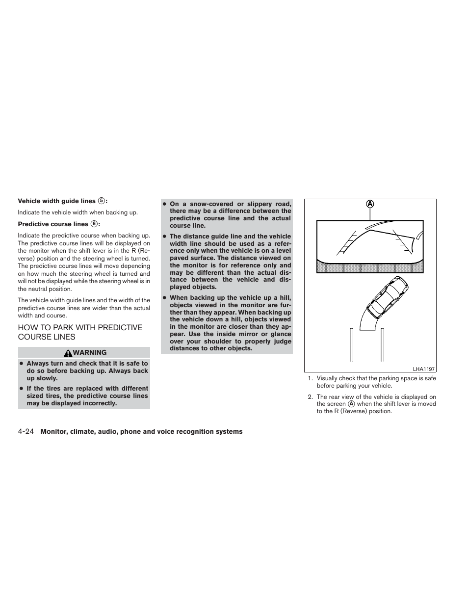 How to park with predictive course lines -24 | NISSAN 2014 Pathfinder - Owner's Manual User Manual | Page 215 / 492