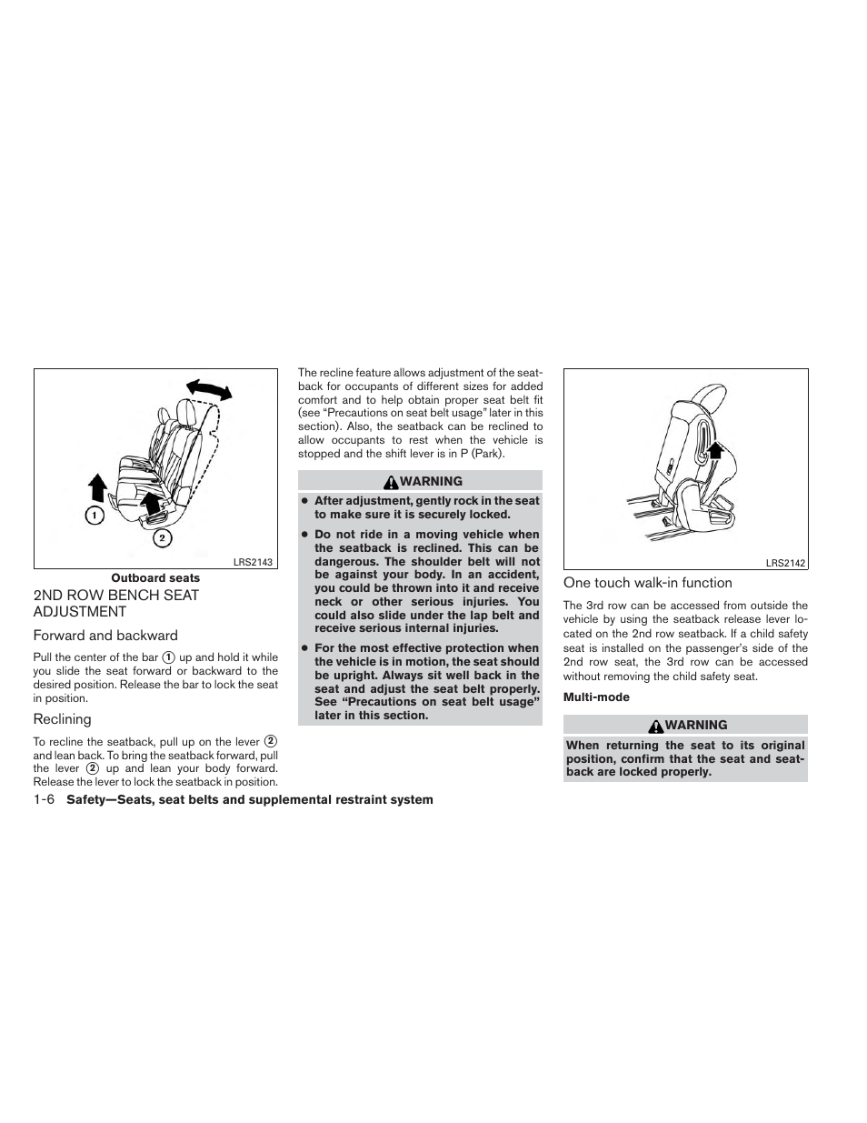 2nd row bench seat adjustment -6 | NISSAN 2014 Pathfinder - Owner's Manual User Manual | Page 23 / 492