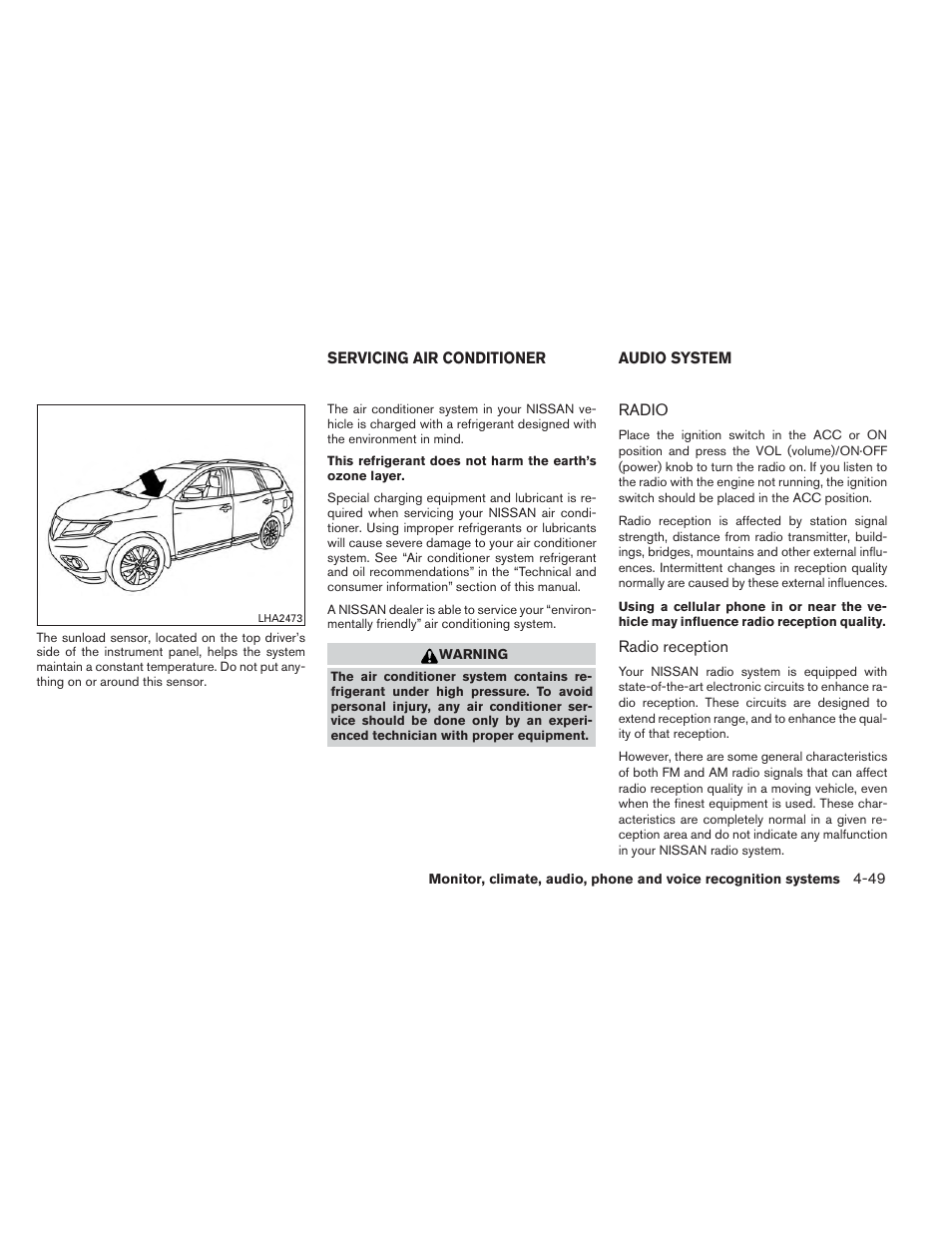 Servicing air conditioner -49 audio system -49, Radio -49 | NISSAN 2014 Pathfinder - Owner's Manual User Manual | Page 240 / 492