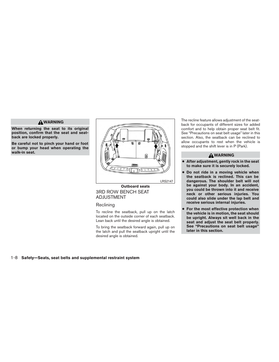 3rd row bench seat adjustment -8 | NISSAN 2014 Pathfinder - Owner's Manual User Manual | Page 25 / 492