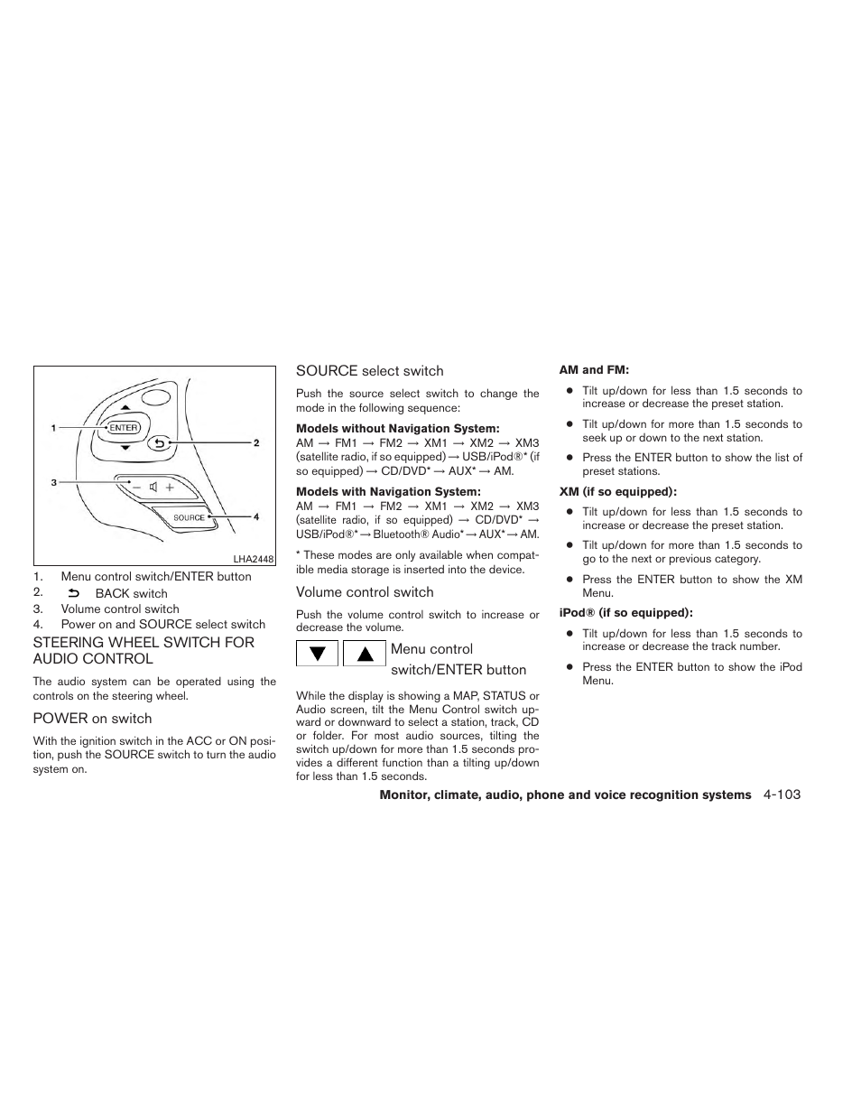 Steering wheel switch for audio control -103 | NISSAN 2014 Pathfinder - Owner's Manual User Manual | Page 294 / 492