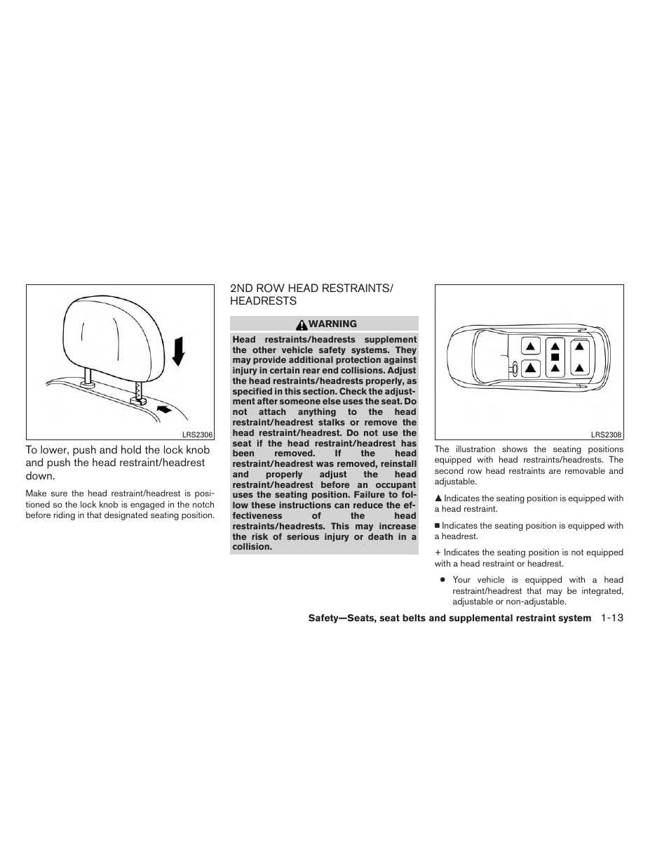 2nd row head restraints/headrests -13 | NISSAN 2014 Pathfinder - Owner's Manual User Manual | Page 30 / 492