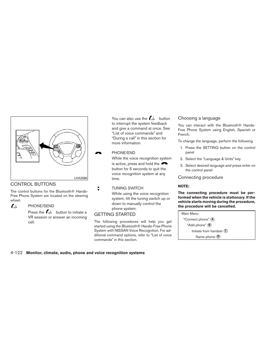 Control buttons -122 getting started -122 | NISSAN 2014 Pathfinder - Owner's Manual User Manual | Page 313 / 492