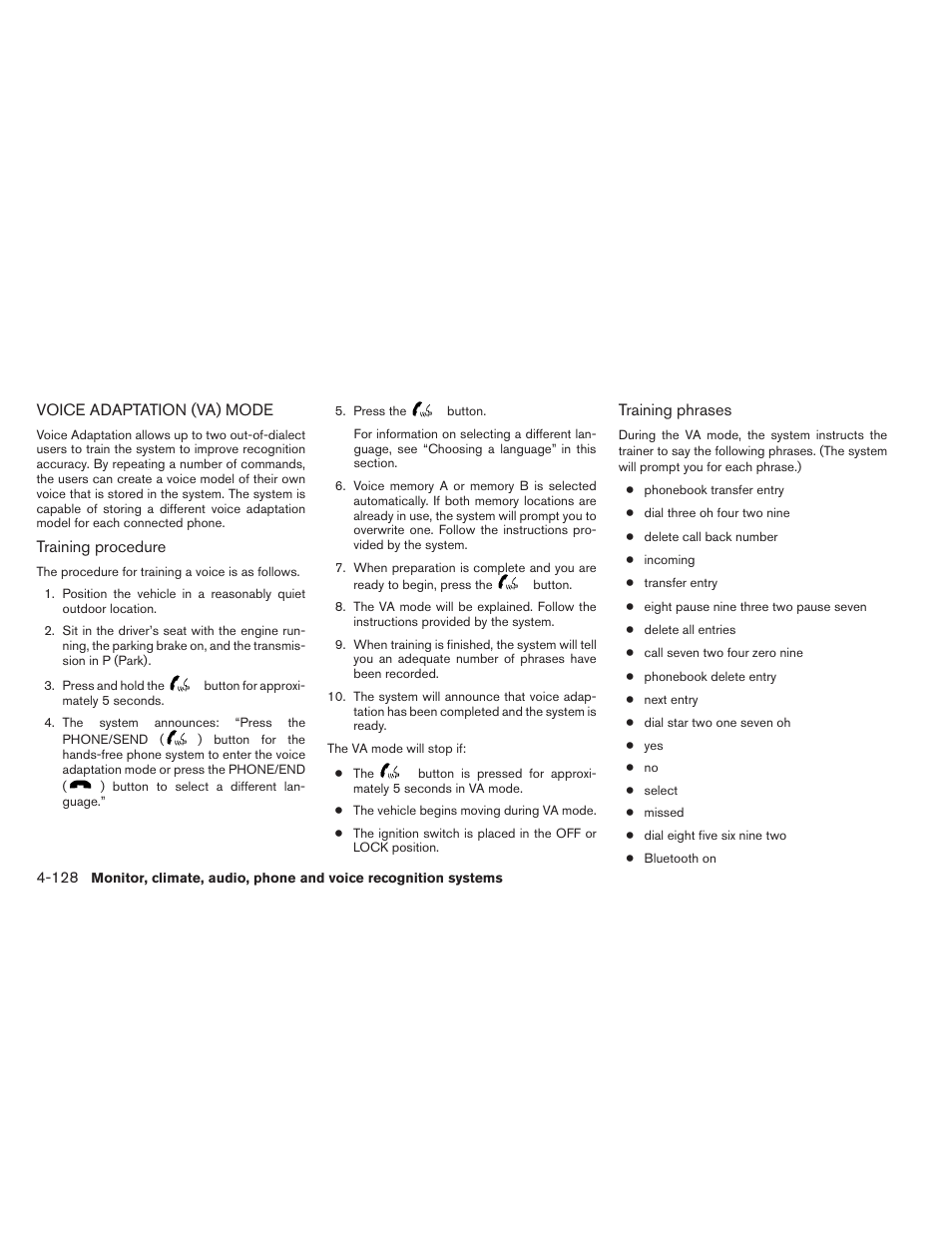 Voice adaptation (va) mode -128 | NISSAN 2014 Pathfinder - Owner's Manual User Manual | Page 319 / 492