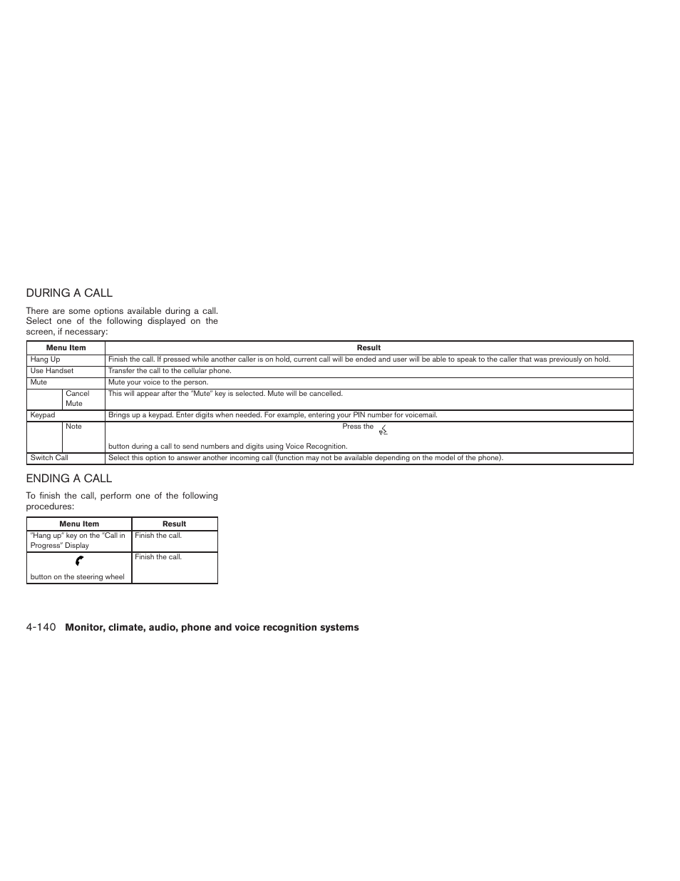 During a call -140 ending a call -140, During a call, Ending a call | NISSAN 2014 Pathfinder - Owner's Manual User Manual | Page 331 / 492