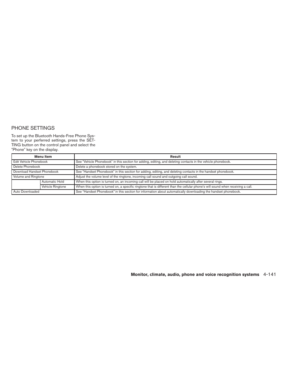 Phone settings -141, Phone settings | NISSAN 2014 Pathfinder - Owner's Manual User Manual | Page 332 / 492