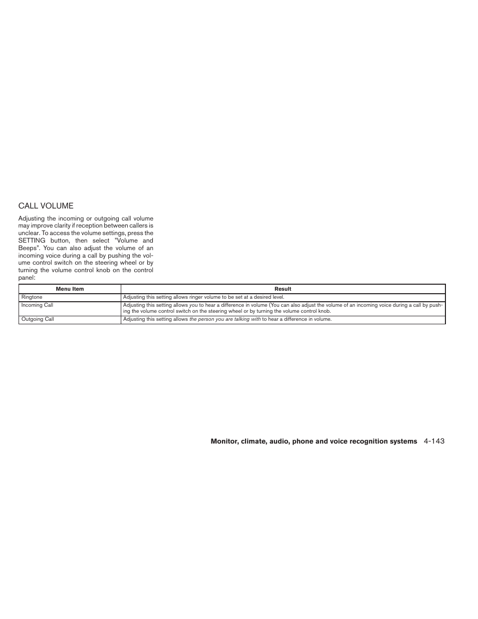 Call volume -143, Call volume | NISSAN 2014 Pathfinder - Owner's Manual User Manual | Page 334 / 492