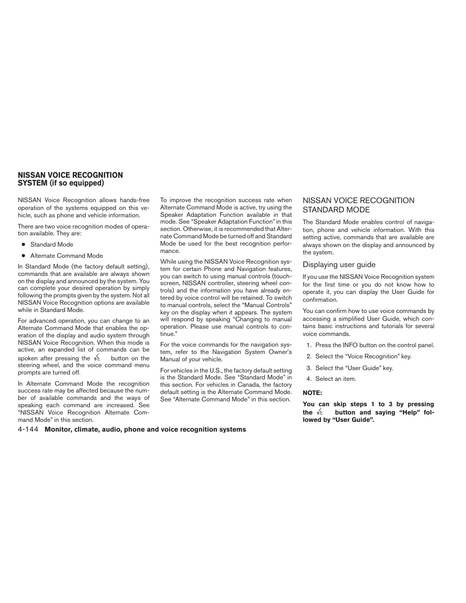 Nissan voice recognition standard mode -144 | NISSAN 2014 Pathfinder - Owner's Manual User Manual | Page 335 / 492