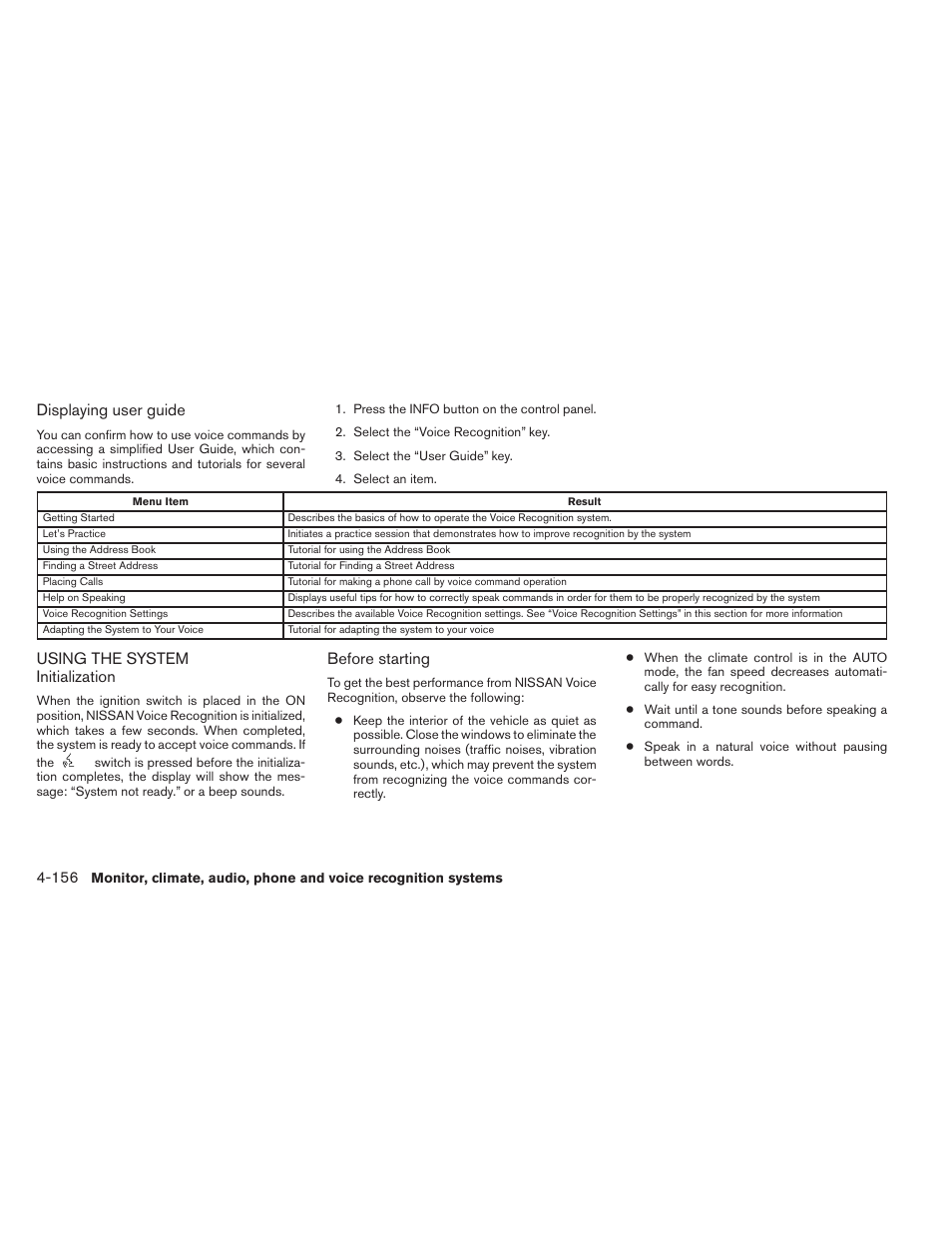 Using the system -156, Displaying user guide, Using the system initialization | Before starting | NISSAN 2014 Pathfinder - Owner's Manual User Manual | Page 347 / 492