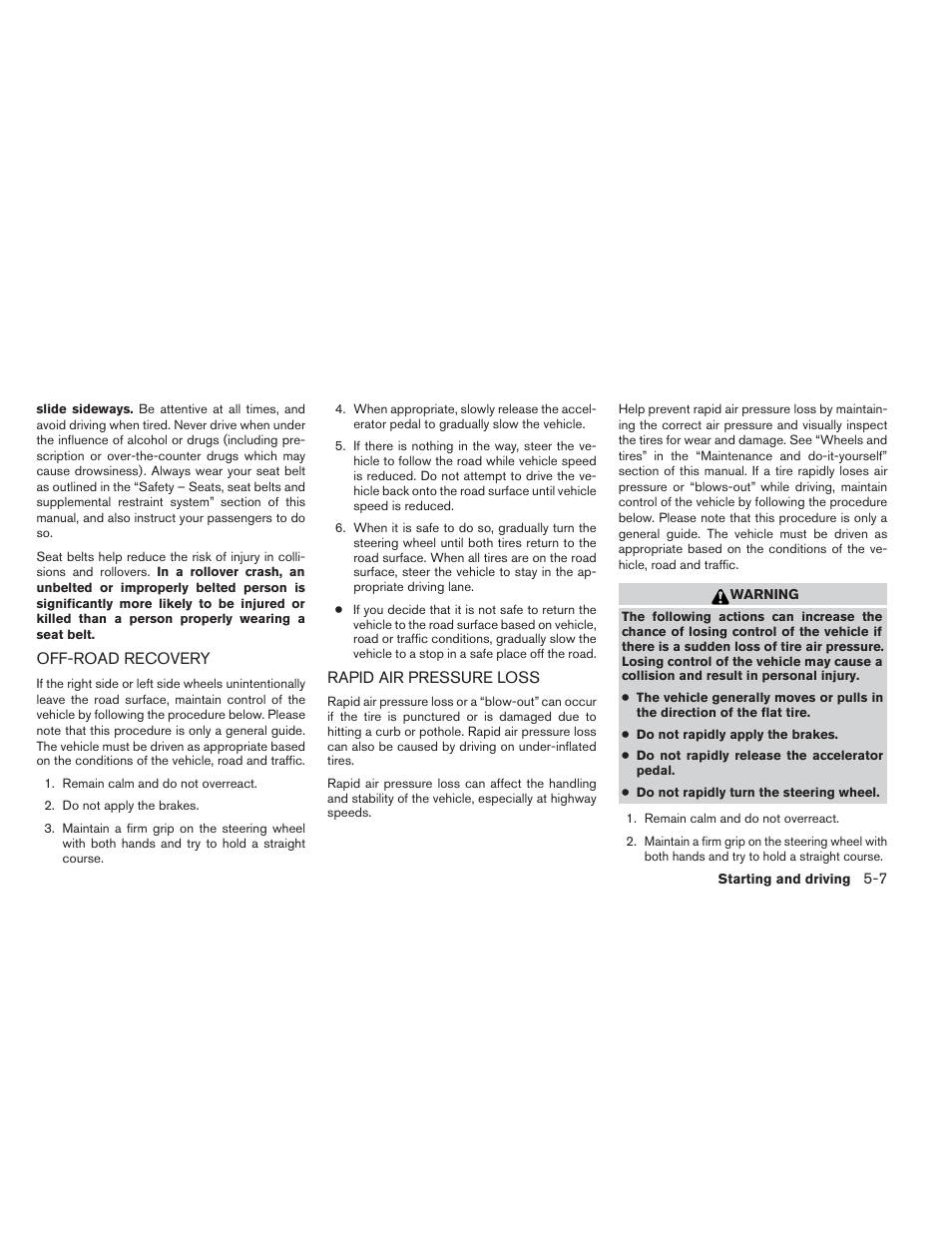 Off-road recovery -7 rapid air pressure loss -7 | NISSAN 2014 Pathfinder - Owner's Manual User Manual | Page 360 / 492