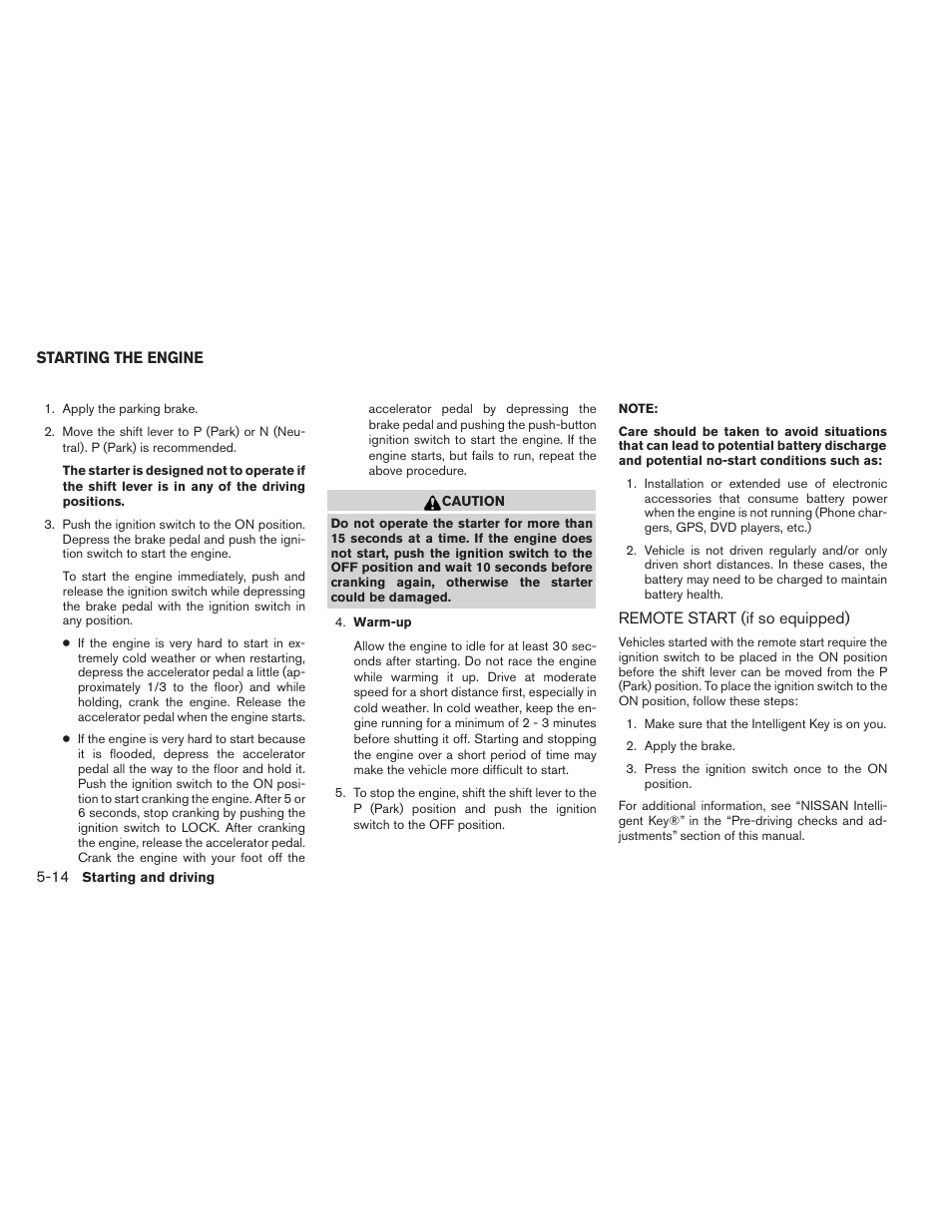 Starting the engine -14, Remote start (if so equipped) -14 | NISSAN 2014 Pathfinder - Owner's Manual User Manual | Page 367 / 492