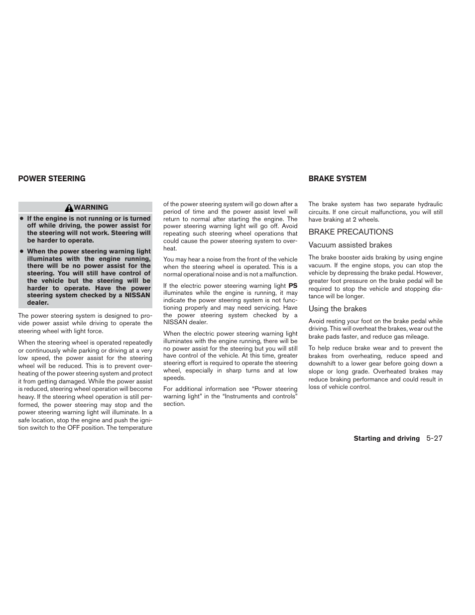 Power steering -27 brake system -27, Brake precautions -27 | NISSAN 2014 Pathfinder - Owner's Manual User Manual | Page 380 / 492