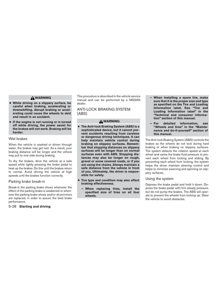 Anti-lock braking system (abs) -28 | NISSAN 2014 Pathfinder - Owner's Manual User Manual | Page 381 / 492