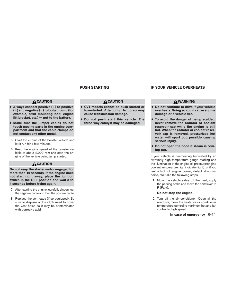 Push starting -11 if your vehicle overheats -11 | NISSAN 2014 Pathfinder - Owner's Manual User Manual | Page 398 / 492