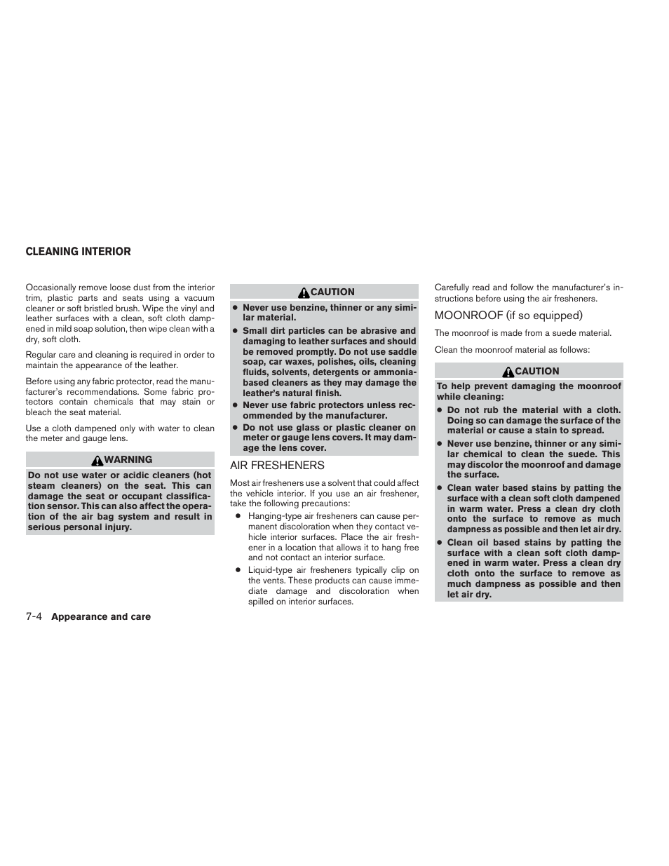 Cleaning interior -4, Air fresheners -4, Moonroof (if so equipped) -4 | NISSAN 2014 Pathfinder - Owner's Manual User Manual | Page 407 / 492