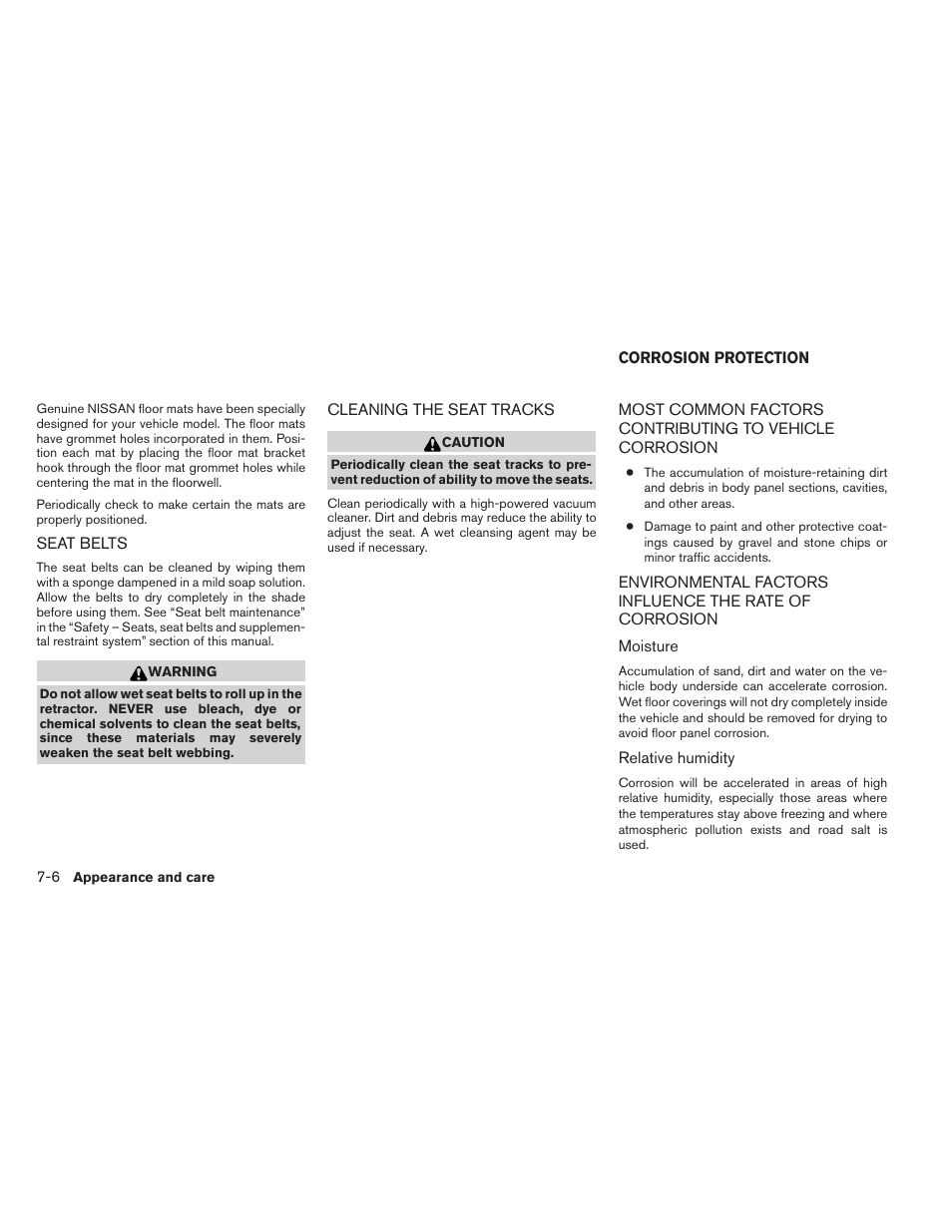 Seat belts -6 cleaning the seat tracks -6, Corrosion protection -6 | NISSAN 2014 Pathfinder - Owner's Manual User Manual | Page 409 / 492