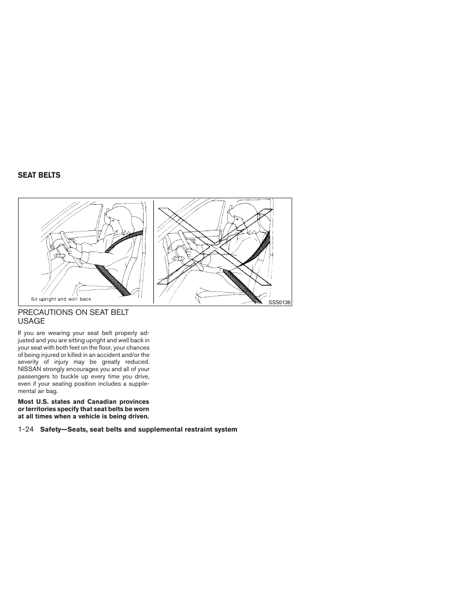 Seat belts -24, Precautions on seat belt usage -24 | NISSAN 2014 Pathfinder - Owner's Manual User Manual | Page 41 / 492