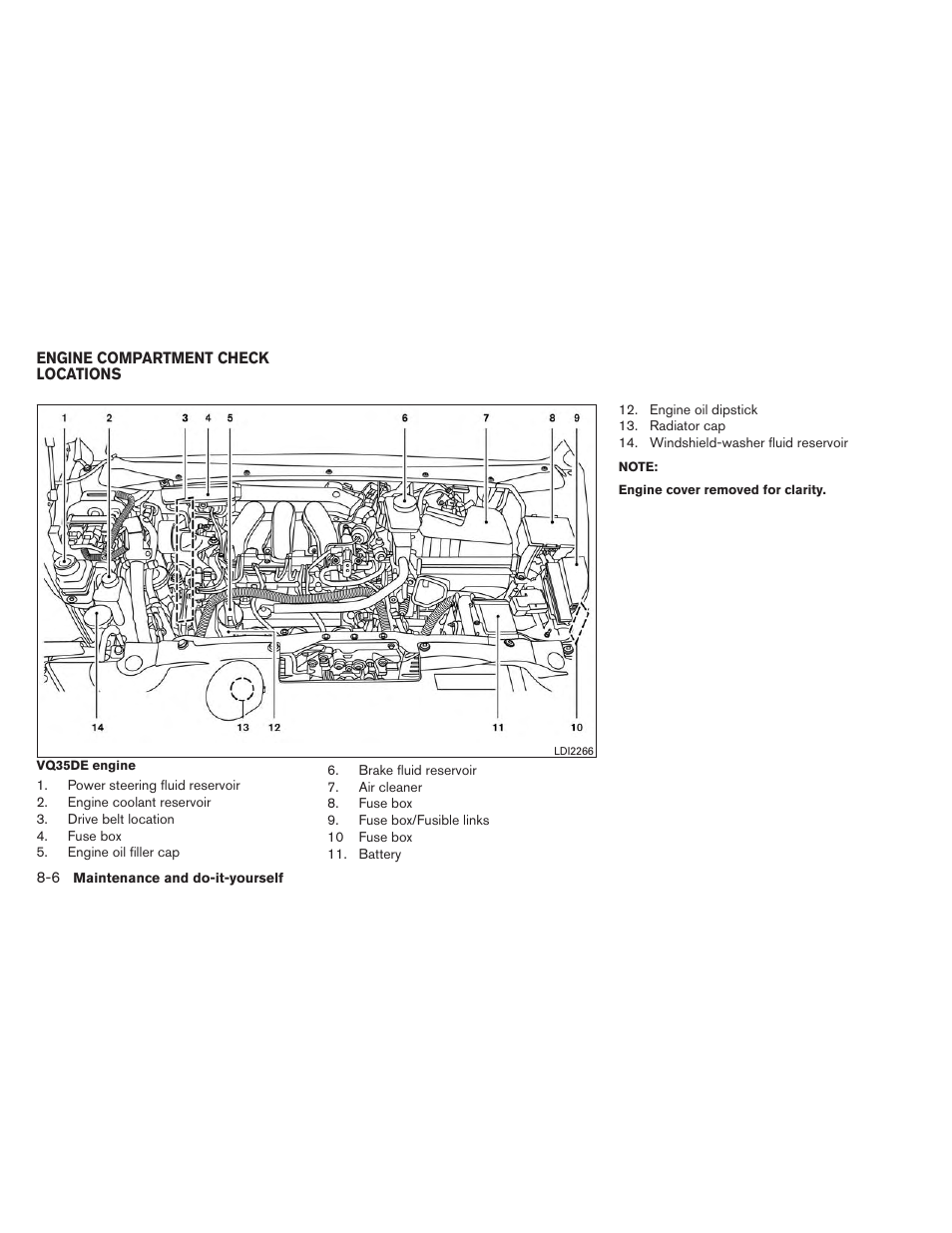 Engine compartment check locations -6 | NISSAN 2014 Pathfinder - Owner's Manual User Manual | Page 417 / 492