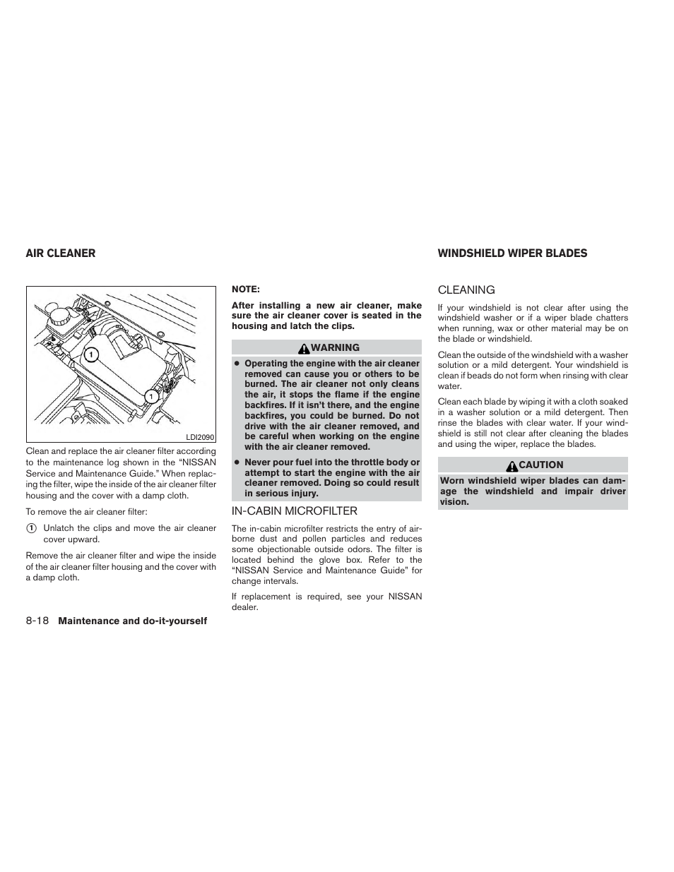 Air cleaner -18, In-cabin microfilter -18, Windshield wiper blades -18 | Cleaning -18 | NISSAN 2014 Pathfinder - Owner's Manual User Manual | Page 429 / 492