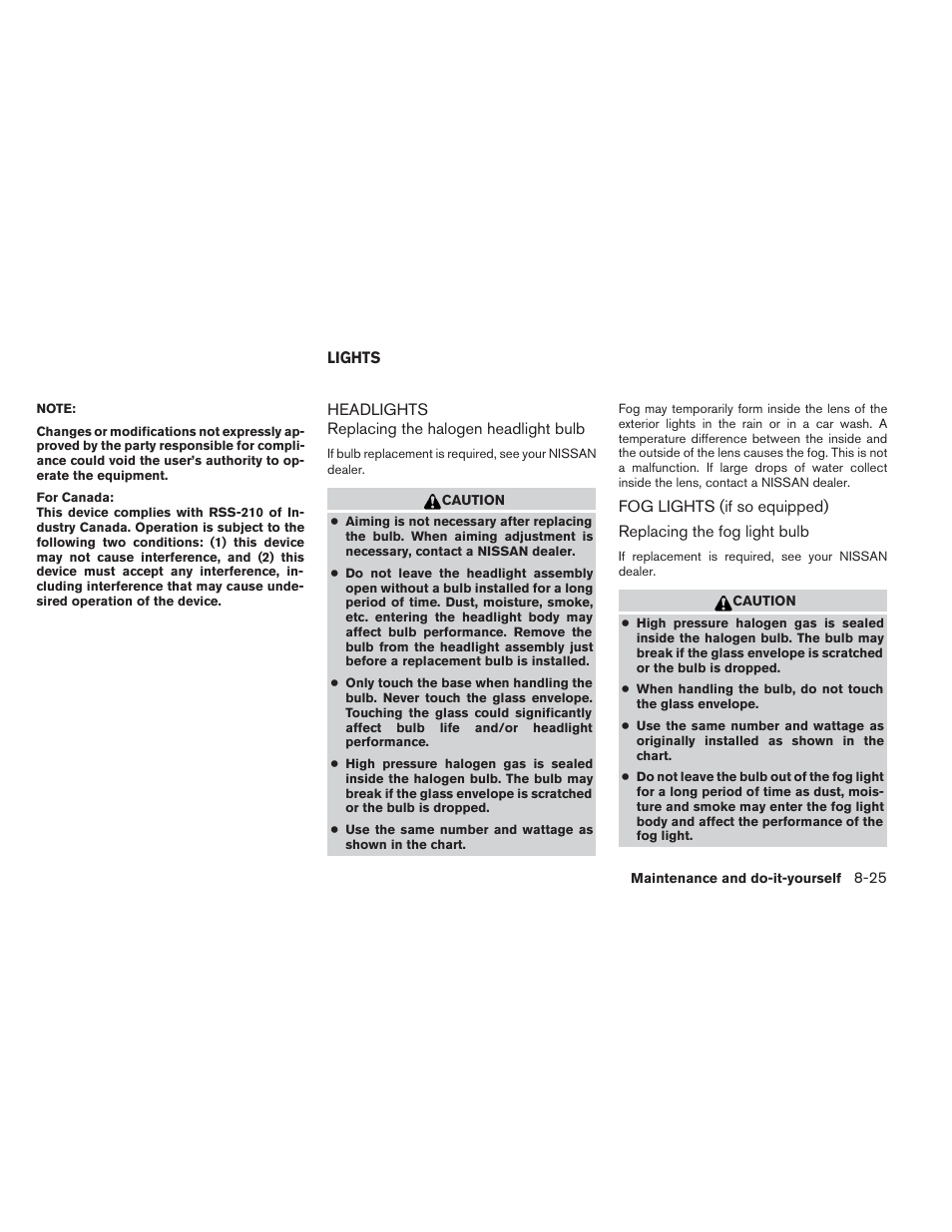 Lights -25, Headlights -25 fog lights (if so equipped) -25 | NISSAN 2014 Pathfinder - Owner's Manual User Manual | Page 436 / 492