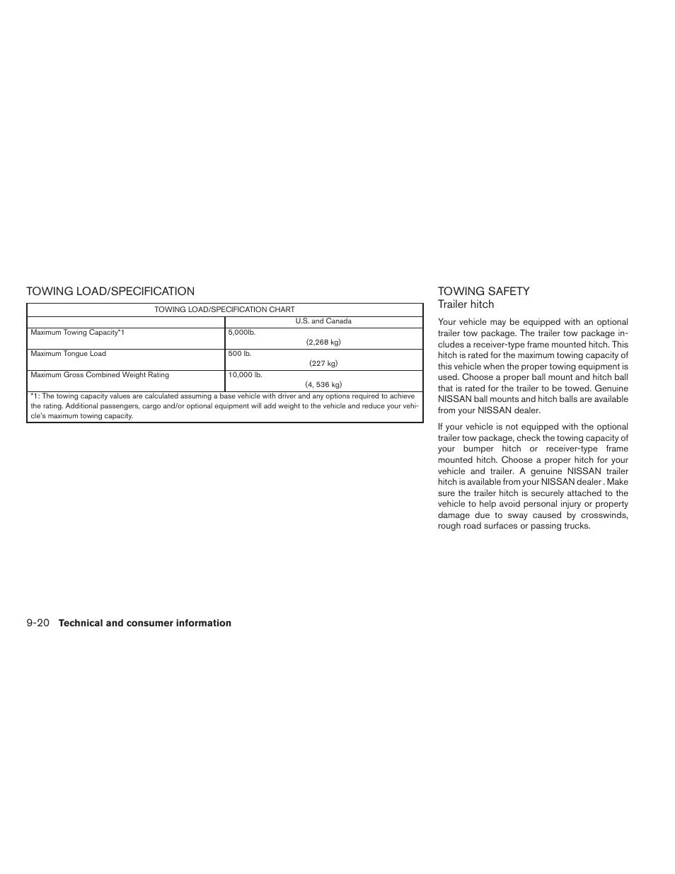 Towing load/specification -20 towing safety -20, Towing load/specification, Towing safety trailer hitch | NISSAN 2014 Pathfinder - Owner's Manual User Manual | Page 471 / 492