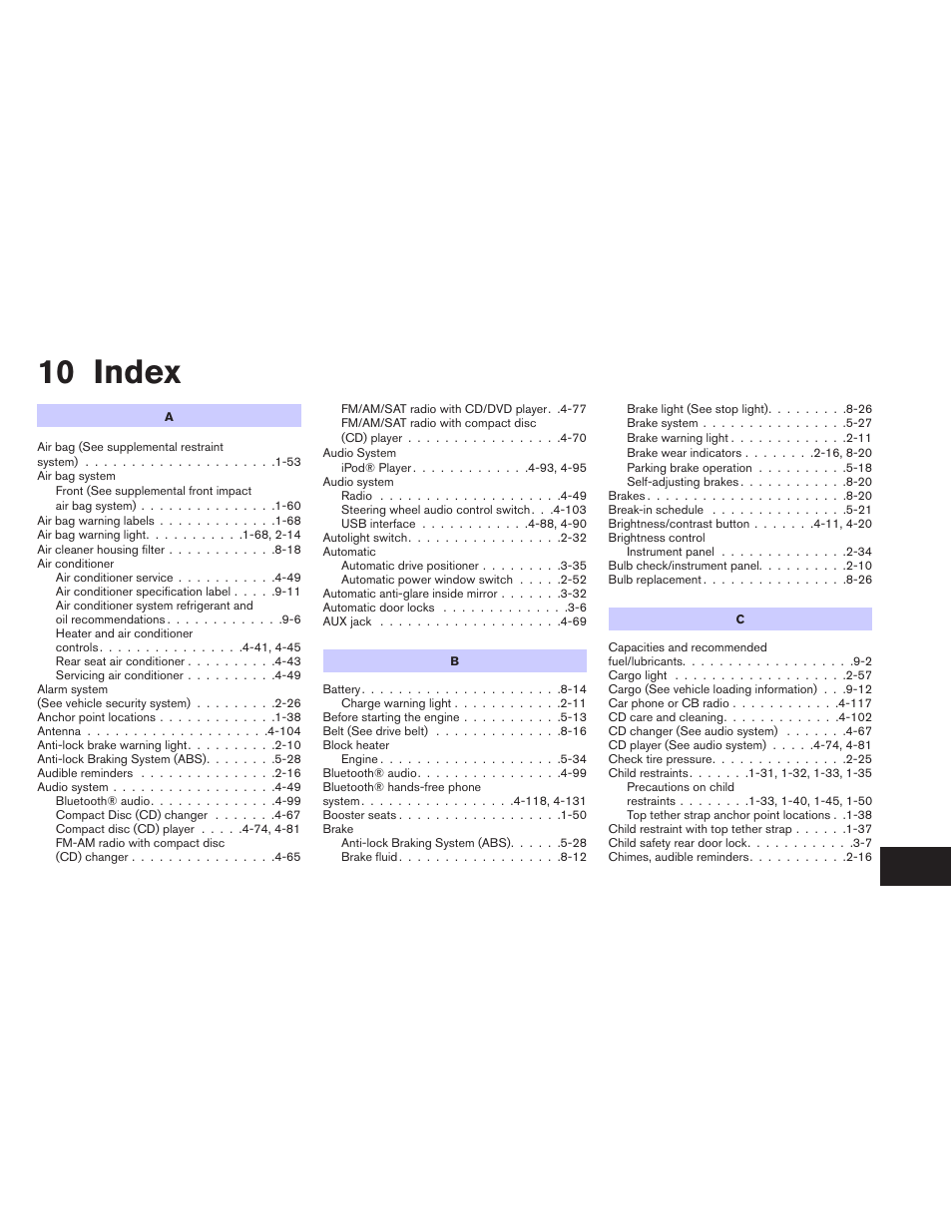 Index, 10 index | NISSAN 2014 Pathfinder - Owner's Manual User Manual | Page 484 / 492