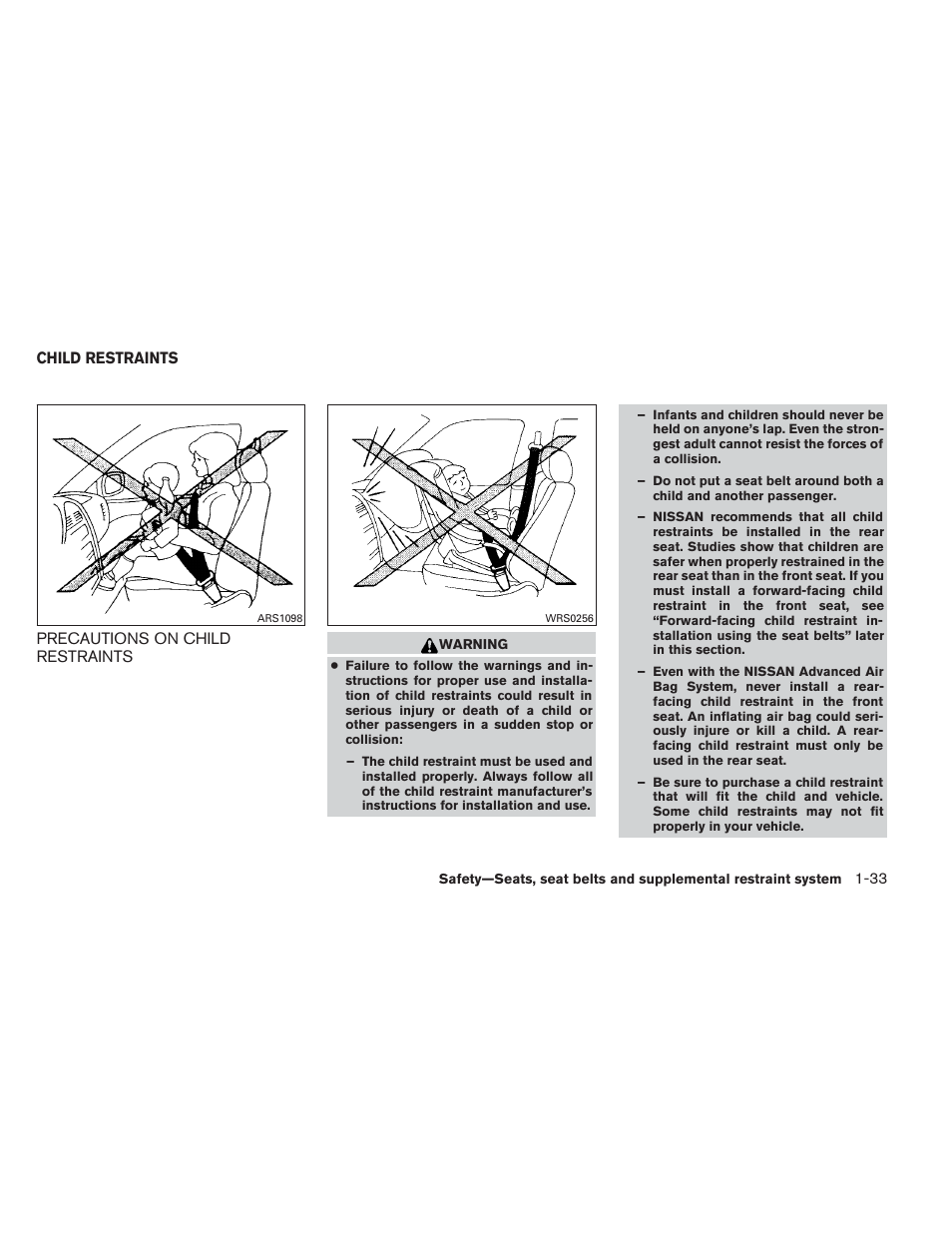 Child restraints -33, Precautions on child restraints -33 | NISSAN 2014 Pathfinder - Owner's Manual User Manual | Page 50 / 492